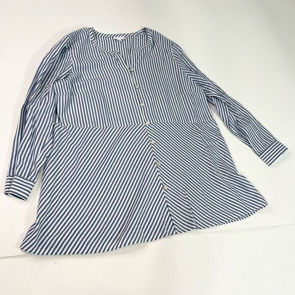 J. Jill Blouse Womens Large Blue & White Striped Button-Up Long-Sleeve Tunic Top - Picture 1 of 9